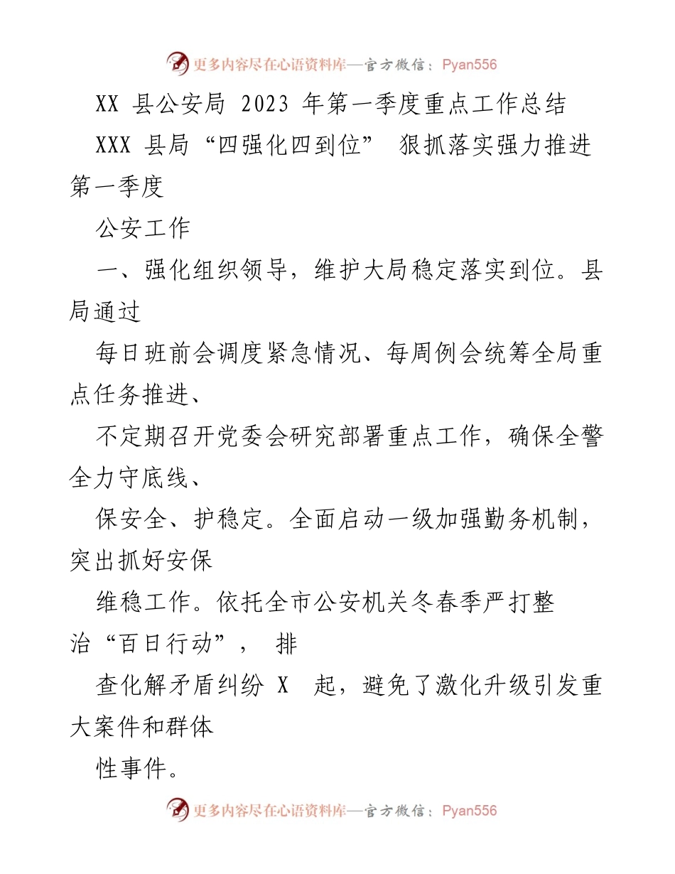 [工作总结] 公安工作 - XX县公安局2023年第一季度工作总结.docx_第1页