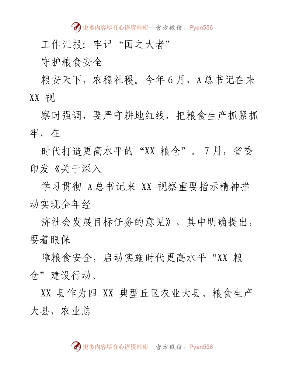 [工作总结] 农业发展 - 牢记“国之大者”：强化粮食安全与农业现代化建设.docx_第1页