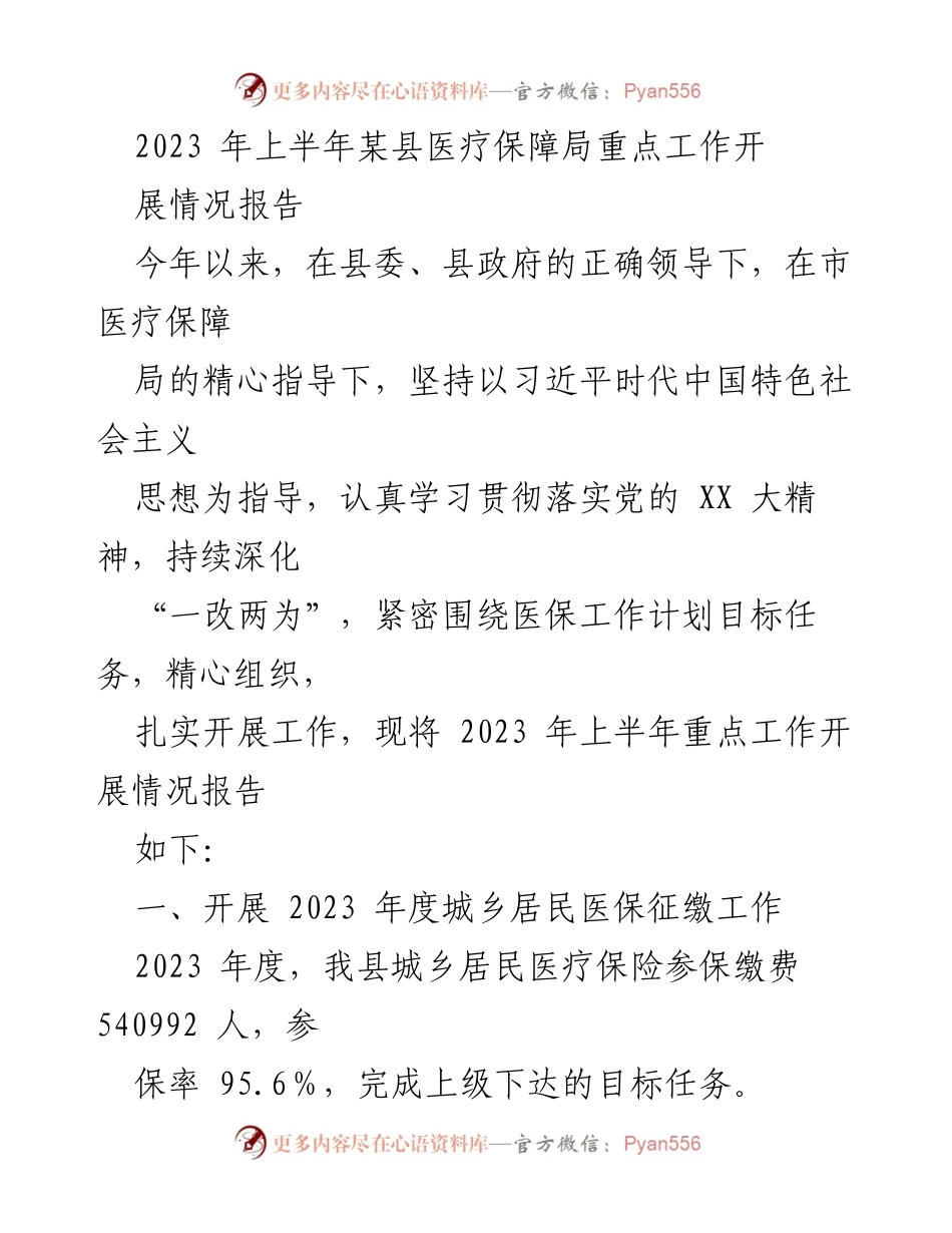 [工作总结] 医疗保障局 - 2023年上半年某县医疗保障局重点工作开展情况报告.docx_第1页