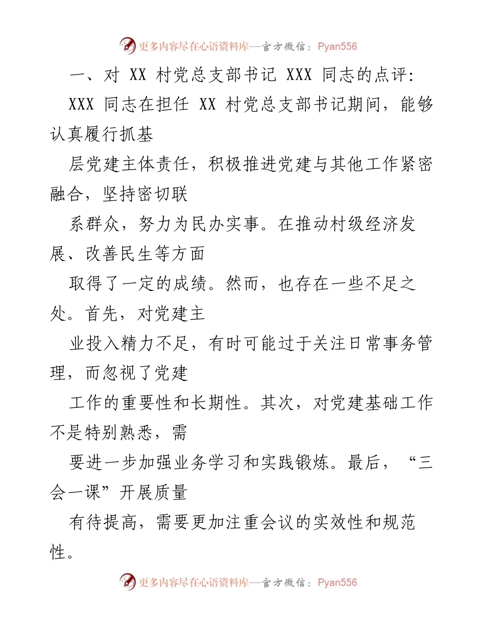 [工作总结] 党建工作点评 - XX 村党支部书记工作表现与改进建议.docx_第1页