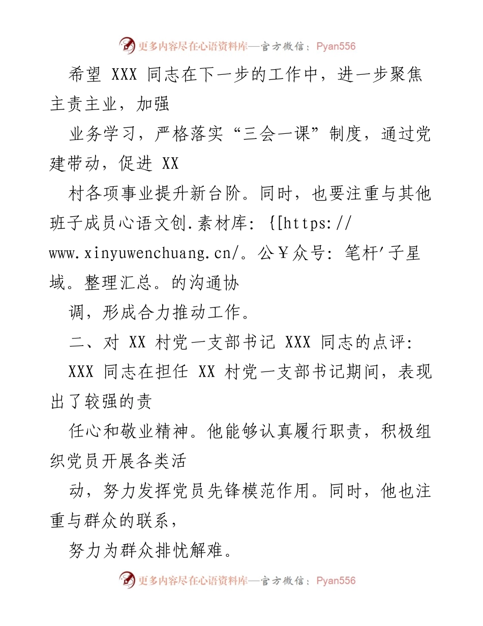 [工作总结] 党建工作点评 - XX 村党支部书记工作表现与改进建议.docx_第2页