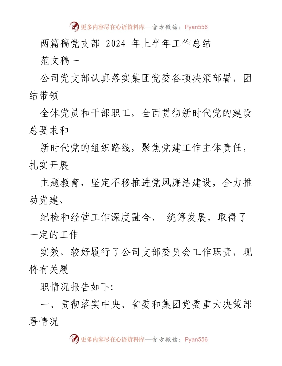 [工作总结] 公司党支部 - 2024年上半年党建工作总结报告.docx_第1页