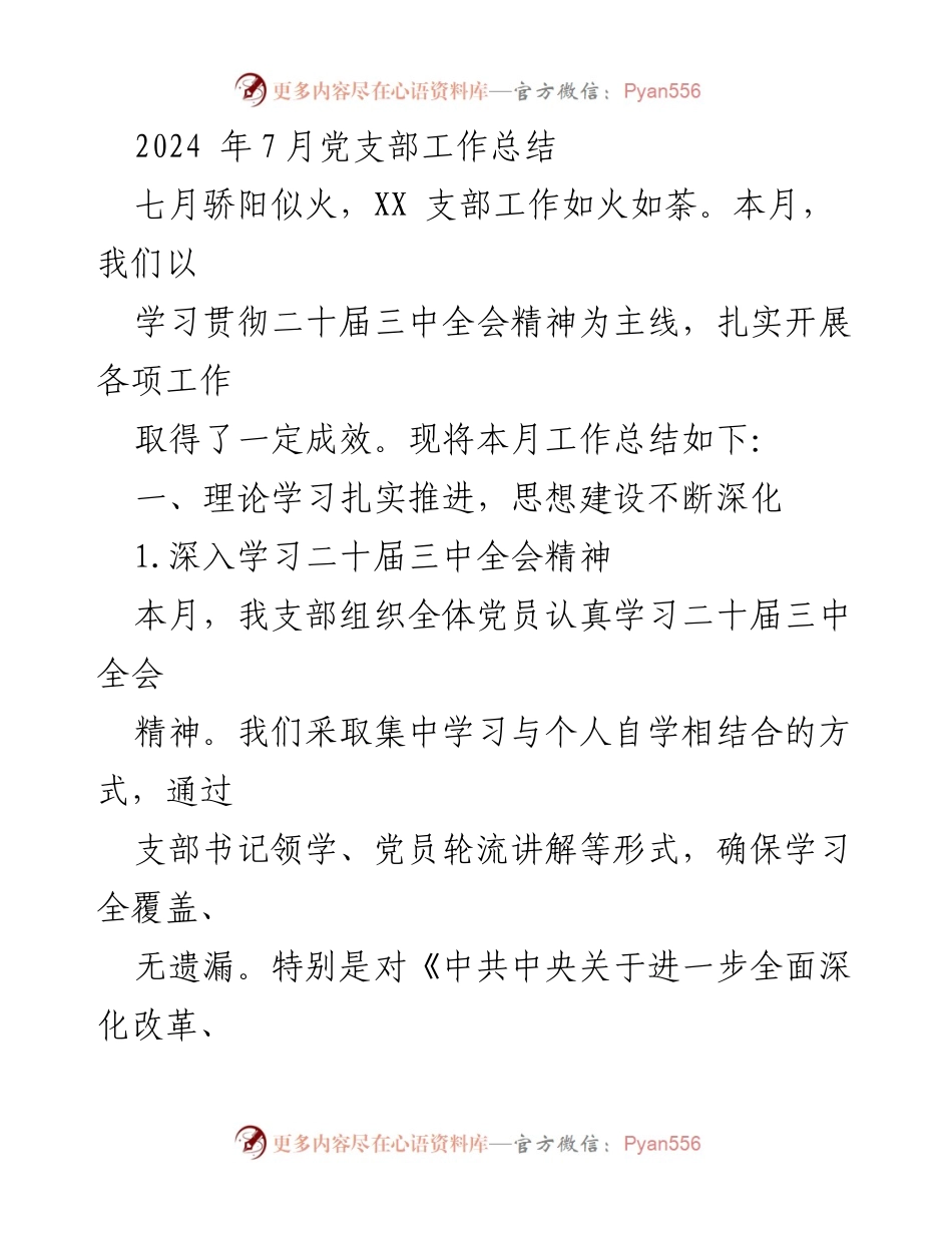 [工作总结] 党支部 - 2024年7月党支部工作总结及成效分析.docx_第1页
