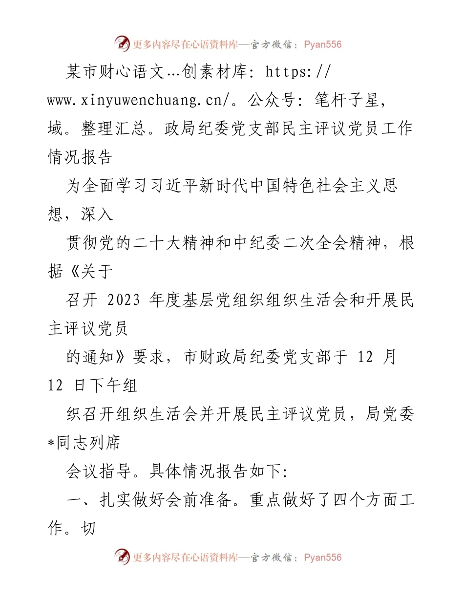 [工作总结] 党支部 - 市财政局纪委党支部民主评议党员工作情况报告.docx_第1页