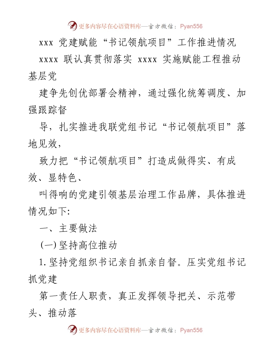 [工作总结] 党建工作推进 - 党建赋能“书记领航项目”工作推进情况总结.docx_第1页