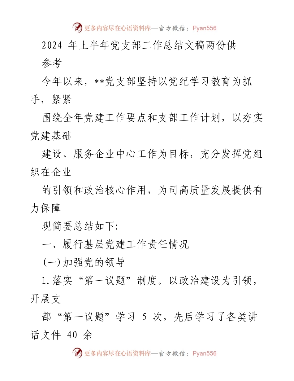 [工作总结] 党支部 - 2024年上半年党支部工作总结及党建成效分析.docx_第1页