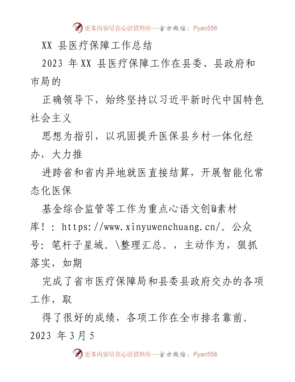 [工作总结] 医疗保障工作 - XX 县2023年度医疗保障工作总结与成绩分析.docx_第1页