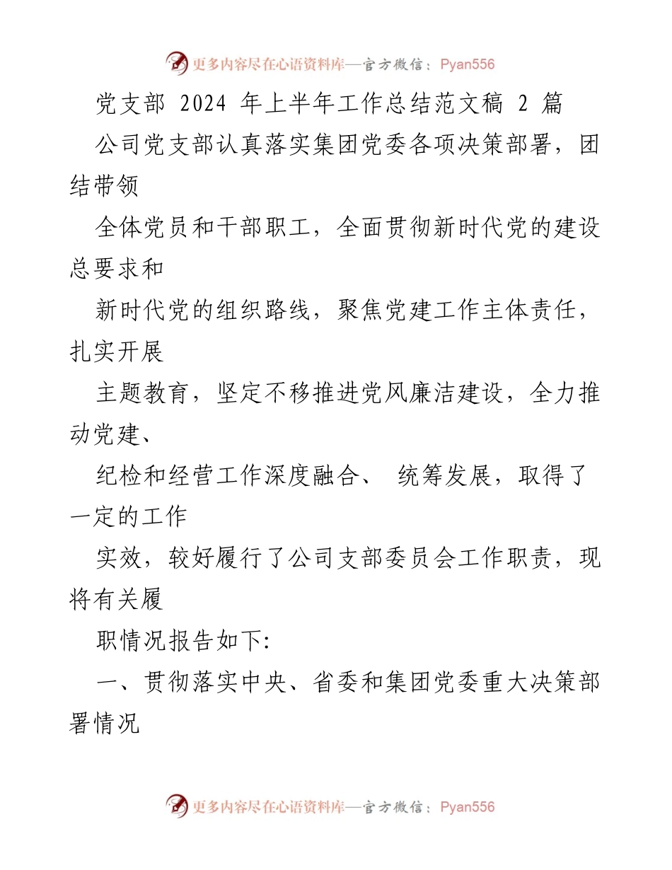 [工作总结] 党支部 - 2024年上半年党建工作总结与成效报告.docx_第1页