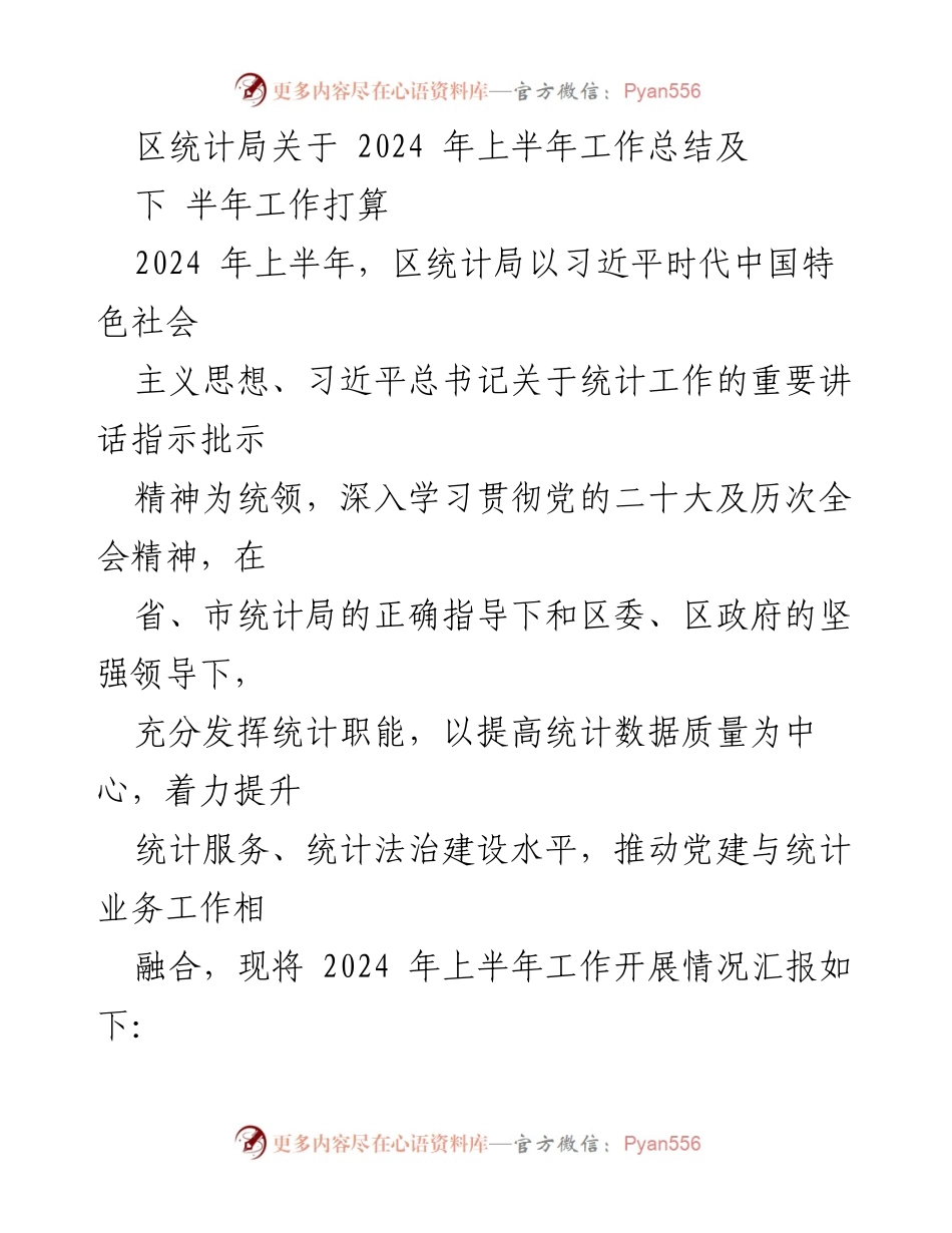 [工作总结] 区统计局 - 2024年上半年工作总结及下半年工作打算.docx_第1页