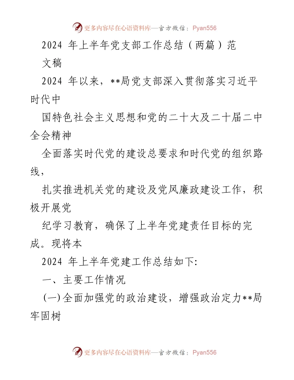 [工作总结] 党支部 - 2024年上半年党支部工作总结与党建成效分析.docx_第1页
