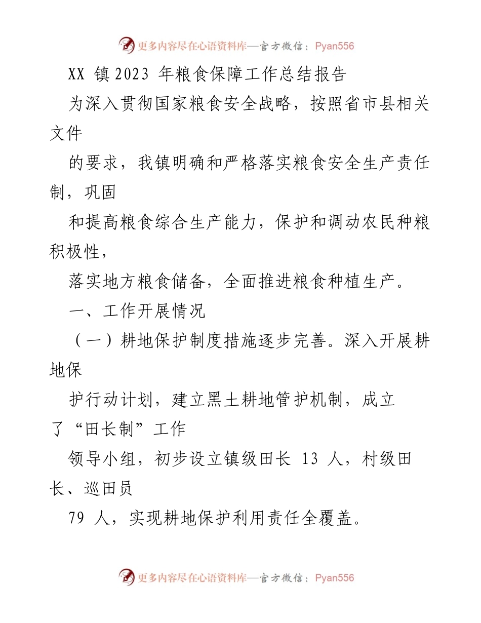 [工作总结] 农业生产 - XX 镇2023年粮食保障工作总结报告.docx_第1页