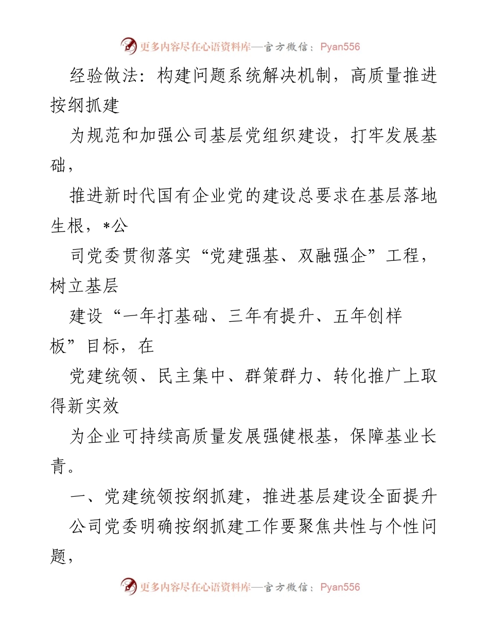 [工作总结] 公司基层党组织建设推进会议 - 构建问题系统解决机制，推进高质量基层党建建设.docx_第1页
