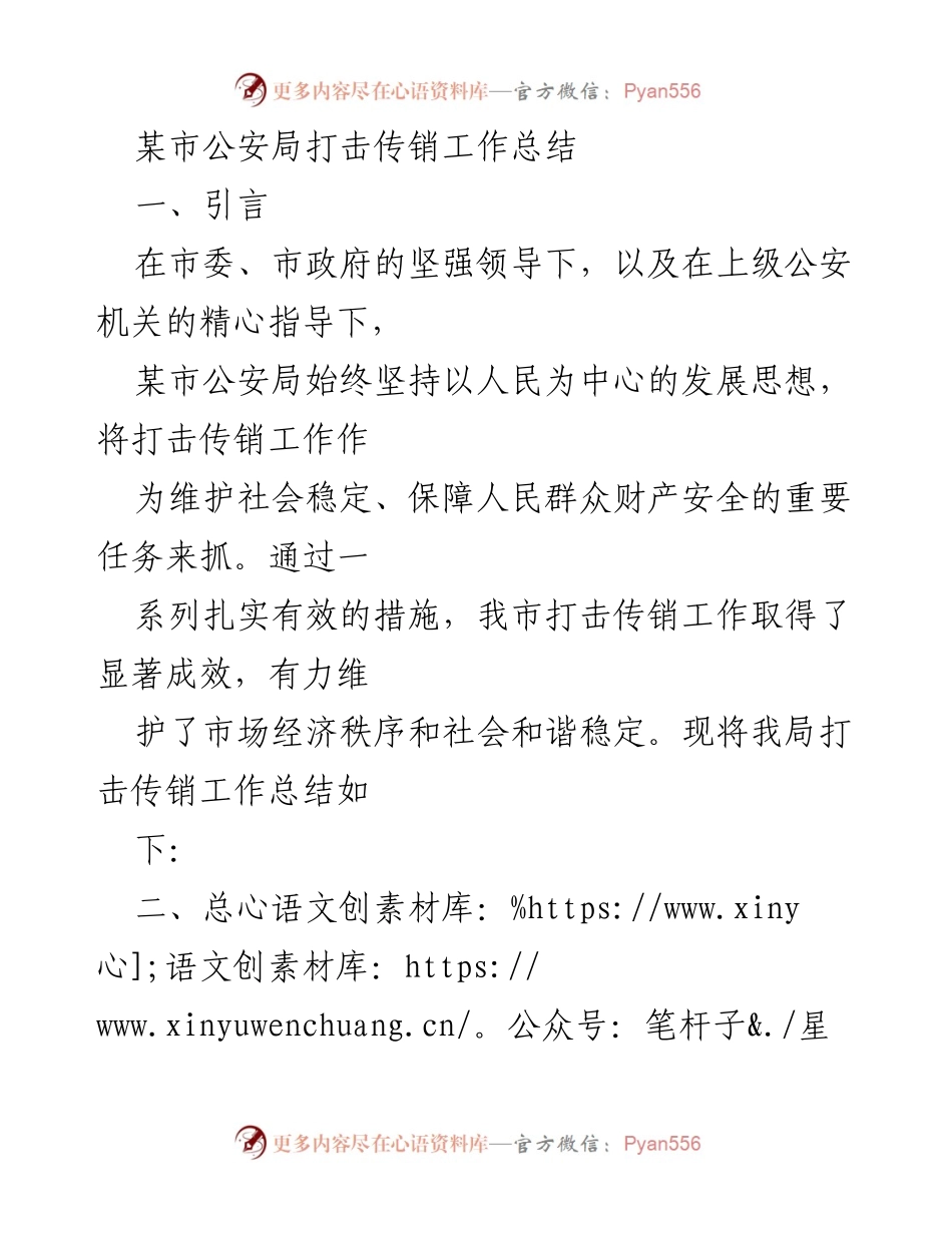 [工作总结] 公安局 - 某市公安局打击传销工作成效与措施总结.docx_第1页