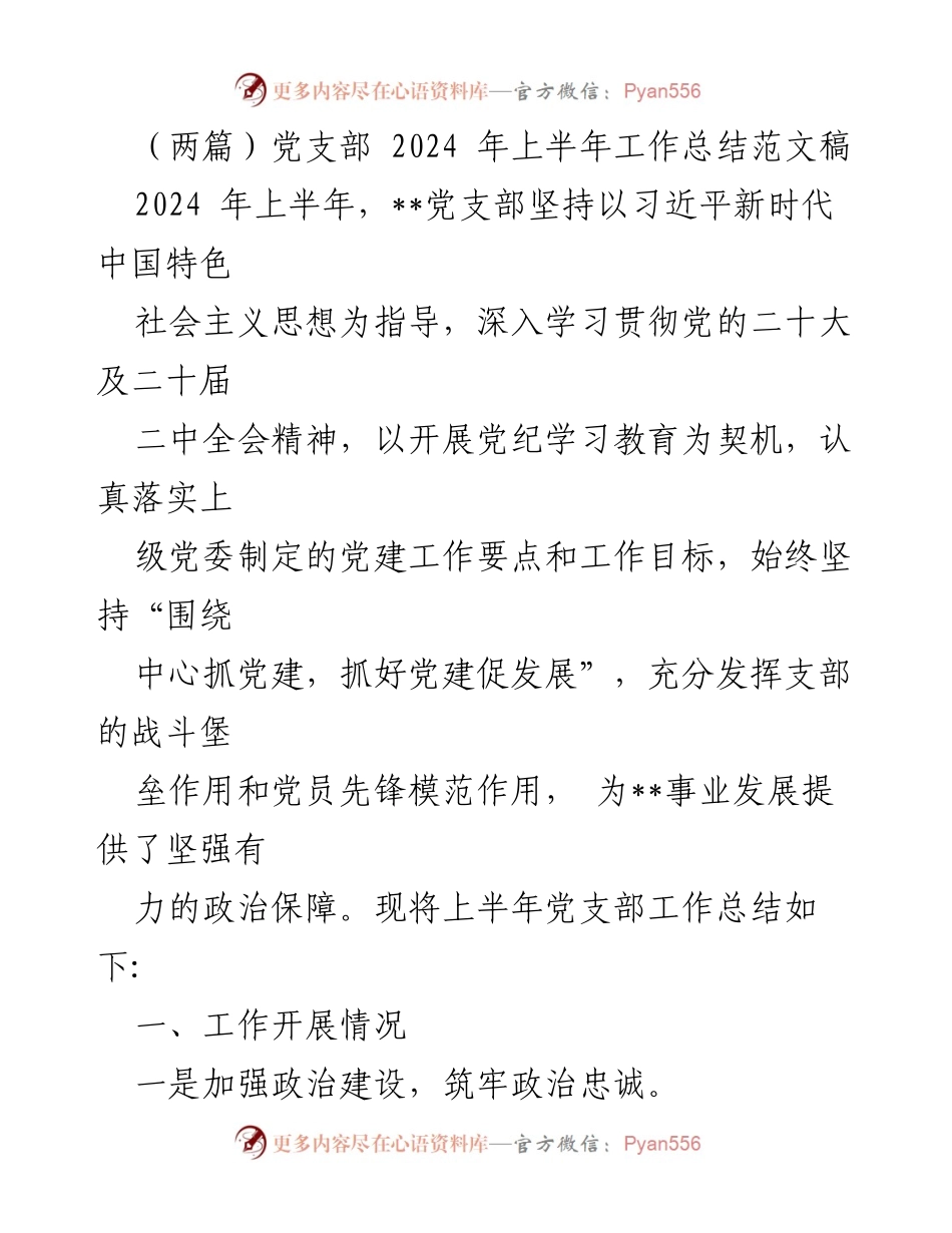 [工作总结] 党支部 - 2024年上半年党支部工作总结报告_23.docx_第1页