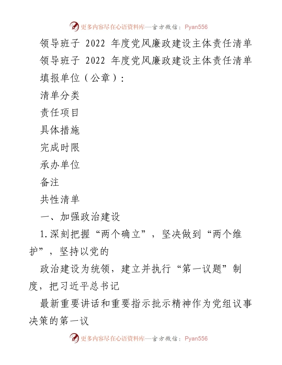 [工作总结] 党风廉政建设 - 2022年度党风廉政建设主体责任清单.docx_第1页