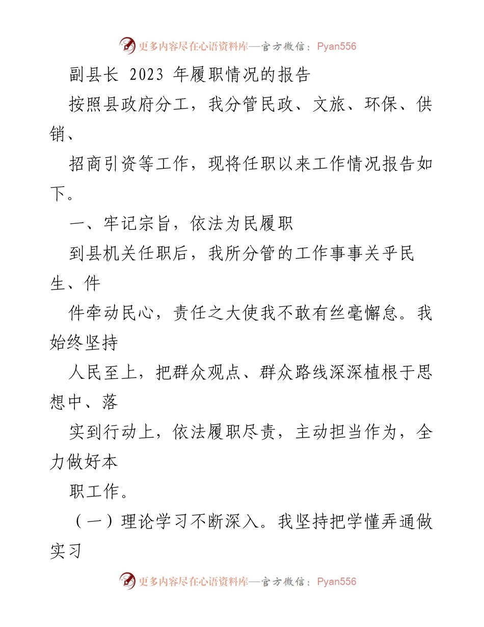 [工作总结] 副县长履职 - 2023年副县长履职情况工作总结报告.docx_第1页