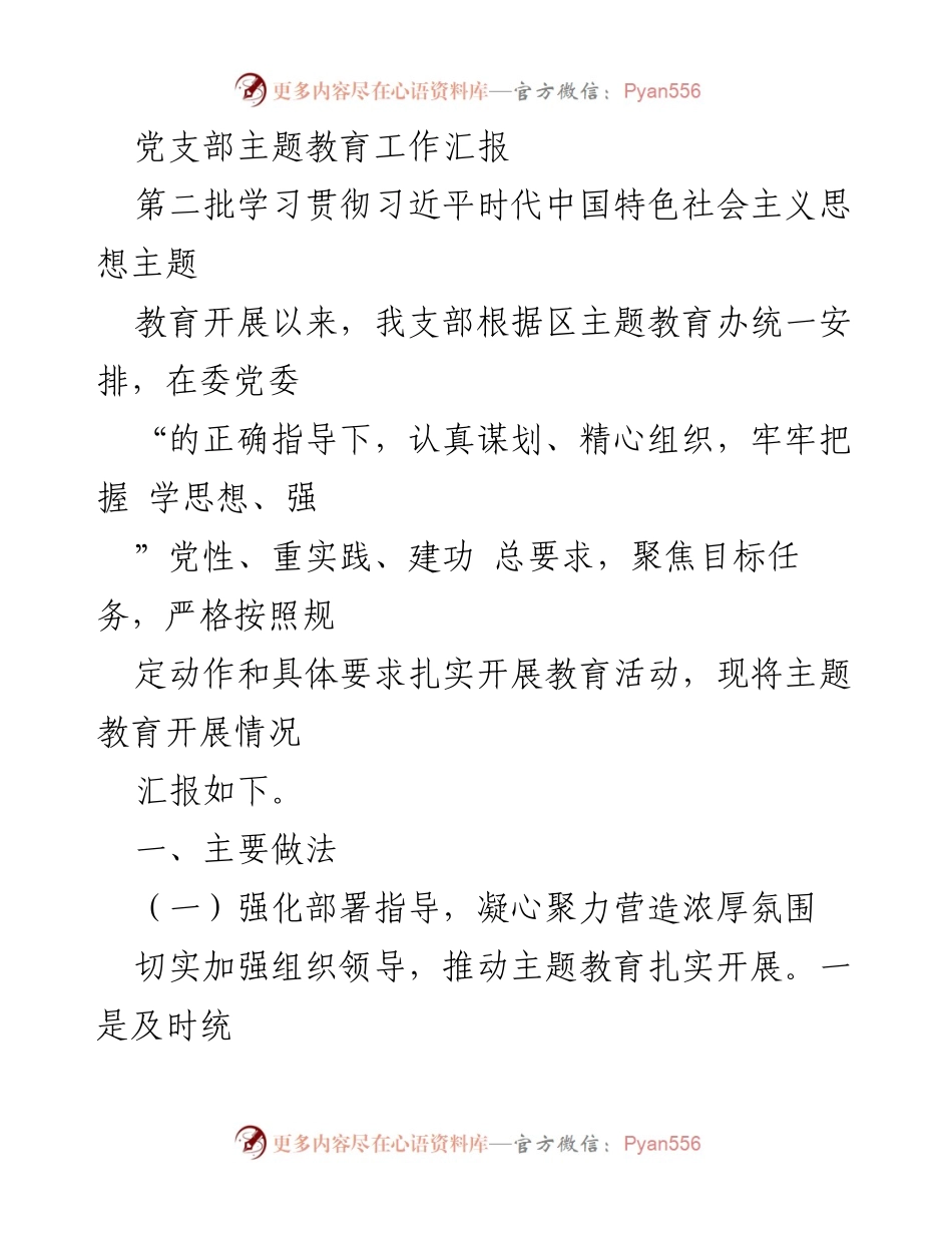 [工作总结] 党支部 - 主题教育工作汇报与实施情况总结.docx_第1页