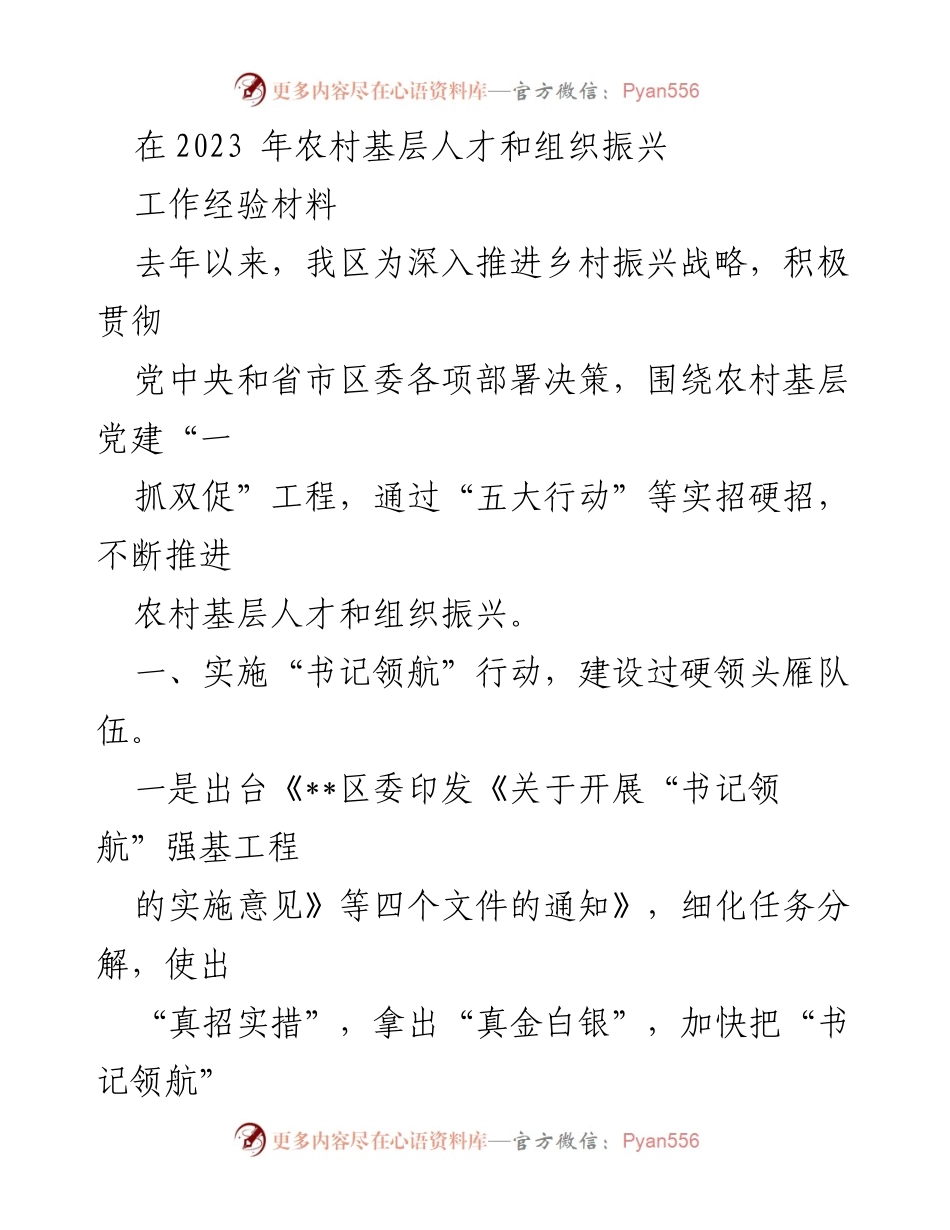 [工作总结] 农村基层人才和组织振兴 - 2023年农村基层党建与人才振兴工作经验总结_1.docx_第1页
