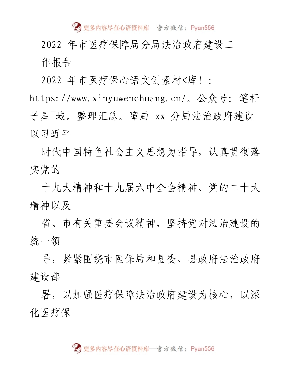 [工作总结] 医疗保障局法治建设 - 2022年市医疗保障局法治政府建设工作总结报告.docx_第1页