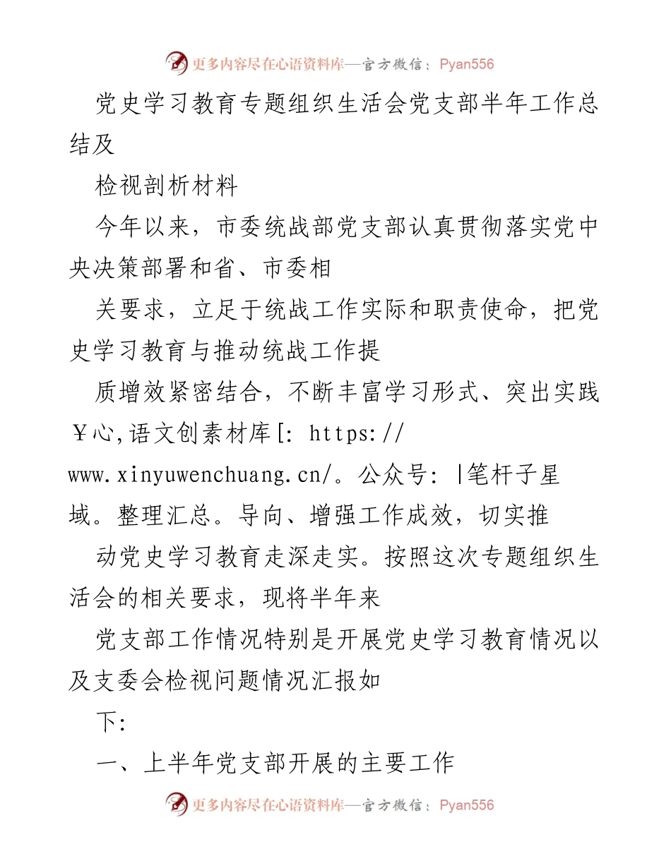 [工作总结] 党支部半年工作总结 - 党史学习教育专题组织生活会工作总结及检视剖析报告.docx_第1页