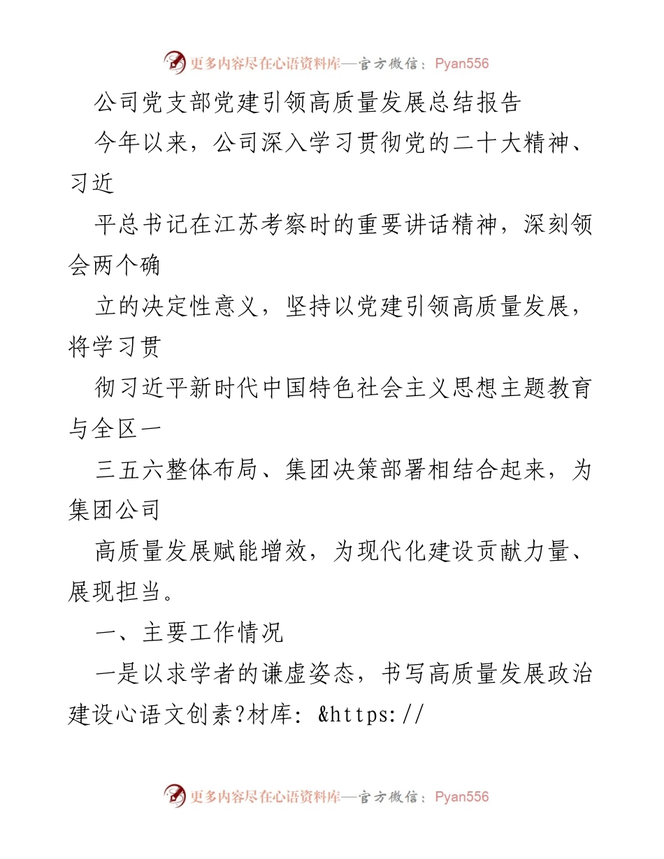 [工作总结] 公司党支部 - 党建引领高质量发展的实践与成效总结报告.docx_第1页