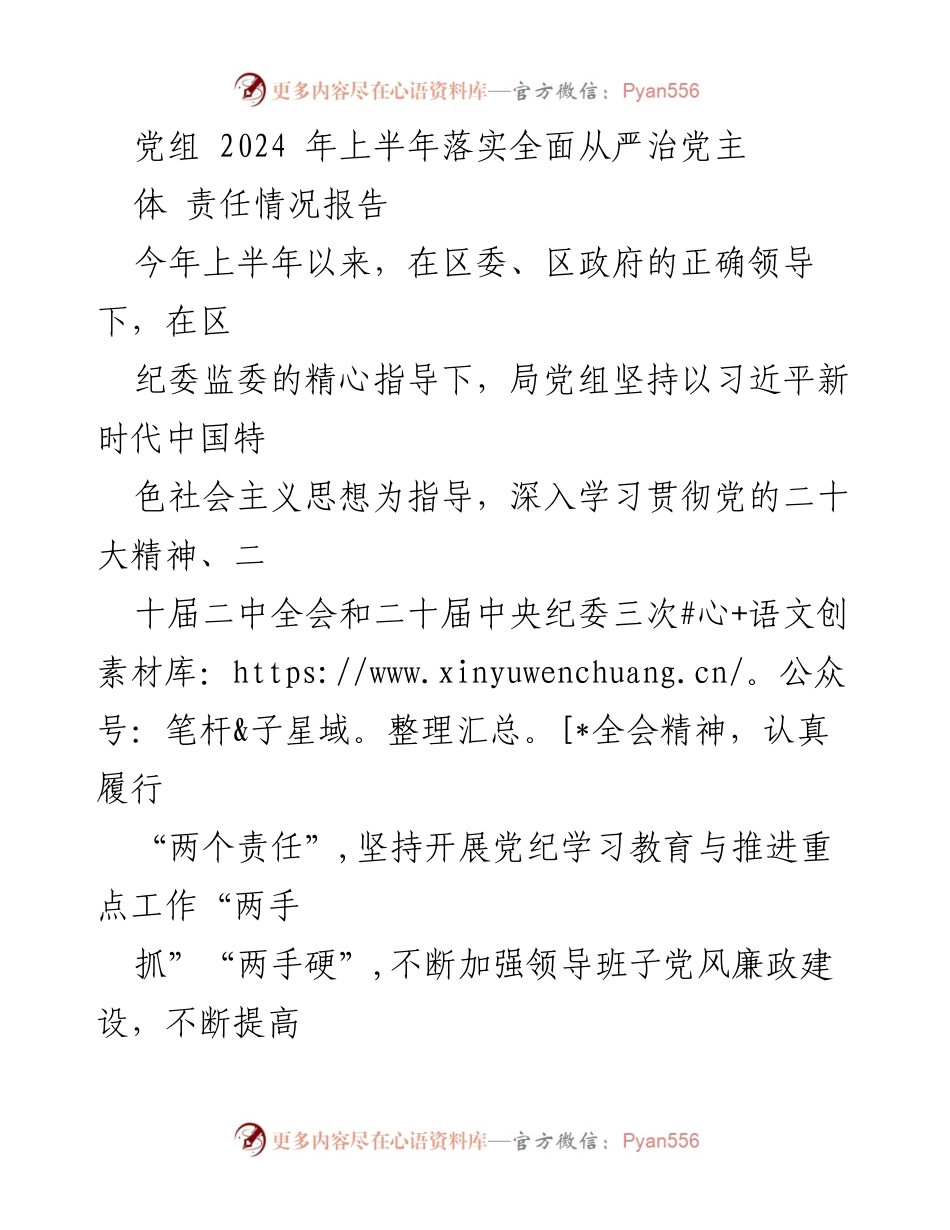 [工作总结] 党组会议 - 2024年上半年全面从严治党主体责任落实情况报告_2.docx_第1页
