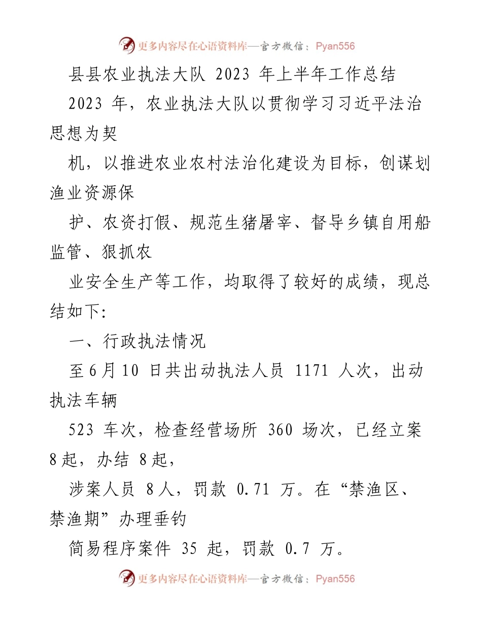 [工作总结] 农业执法 - 2023年上半年农业执法大队工作总结.docx_第1页