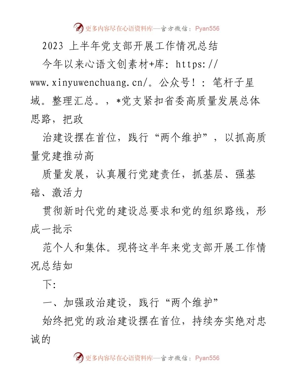 [工作总结] 党支部 - 2023年上半年党支部工作情况总结.docx_第1页