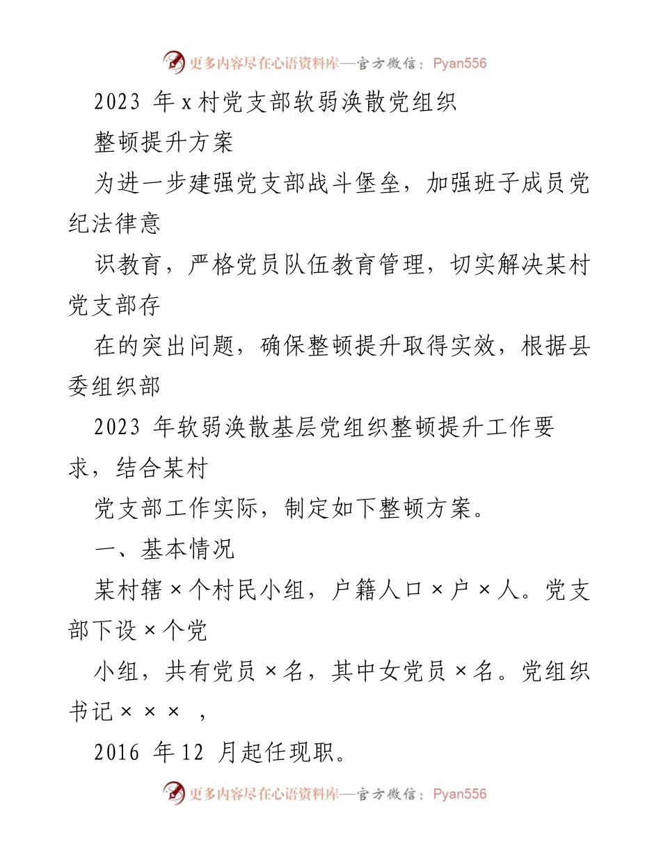 [工作总结] 党支部整顿 - 某村党支部软弱涣散整顿提升方案总结_1.docx_第1页