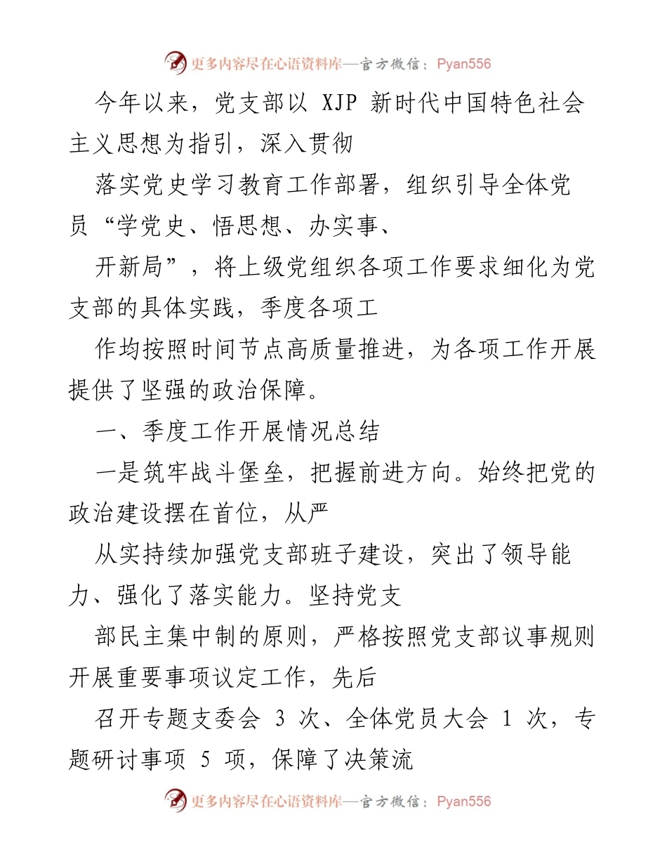 [工作总结] 党支部季度工作 - 党支部季度工作开展情况总结与成效分析.docx_第1页