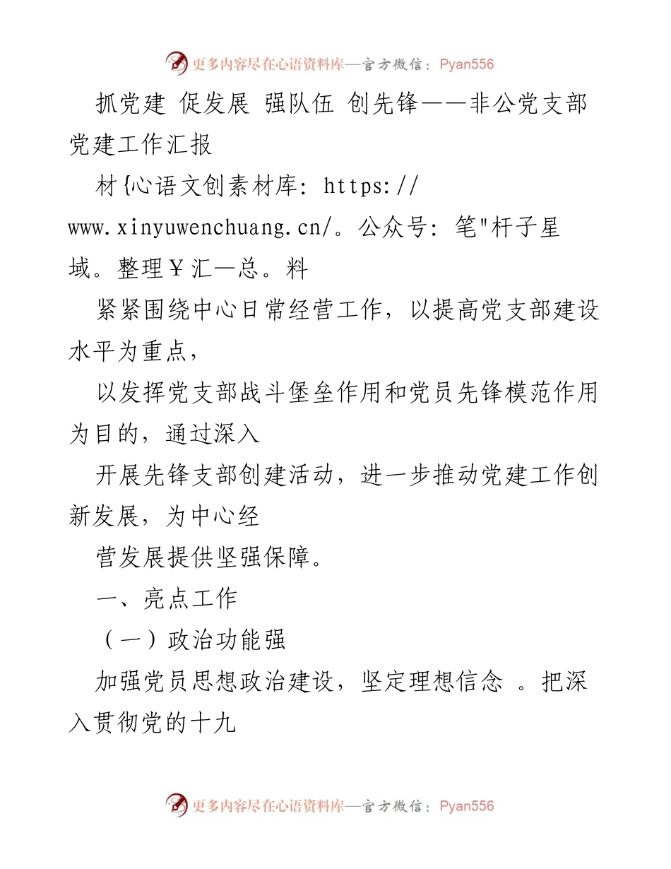 [工作总结] 党建工作汇报 - 非公党支部党建工作创新发展汇报.docx_第1页