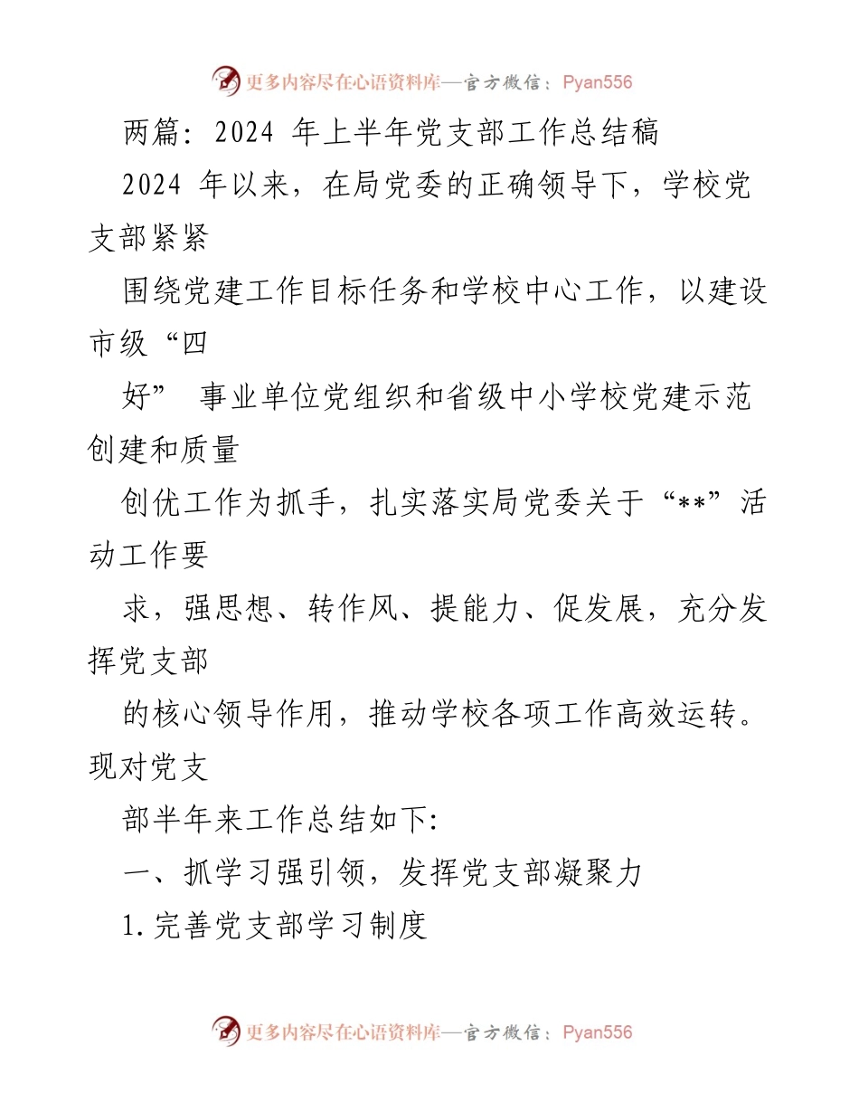 [工作总结] 党支部 - 2024年上半年党支部工作总结报告_24.docx_第1页