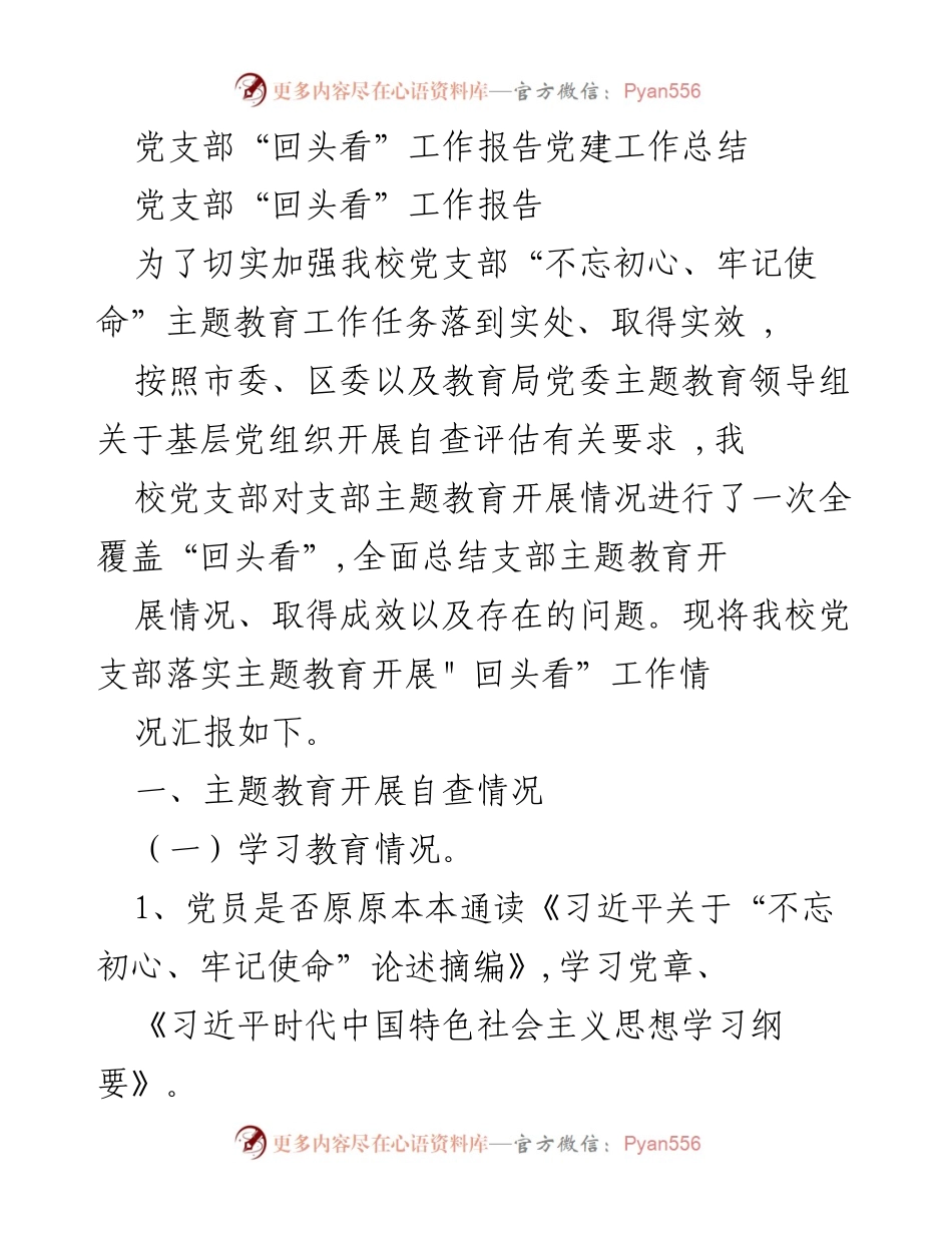 [工作总结] 党支部主题教育 - 党支部“不忘初心、牢记使命”主题教育“回头看”工作总结报告.docx_第1页