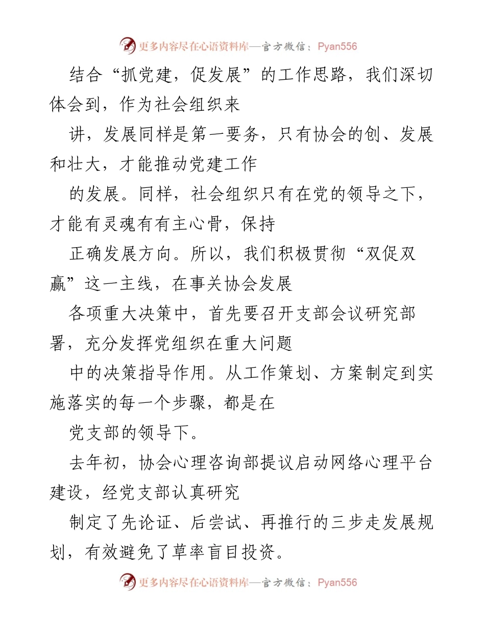 [工作总结] 党建工作汇报 - 心理咨询师协会党支部党建工作成效与探索.docx_第2页