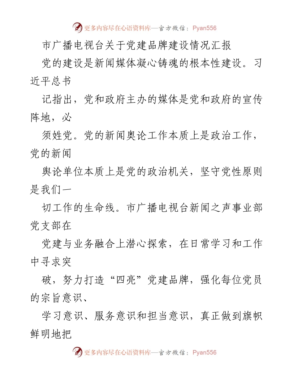 [工作总结] 党建活动 - 市广播电视台党建品牌建设情况汇报.docx_第1页