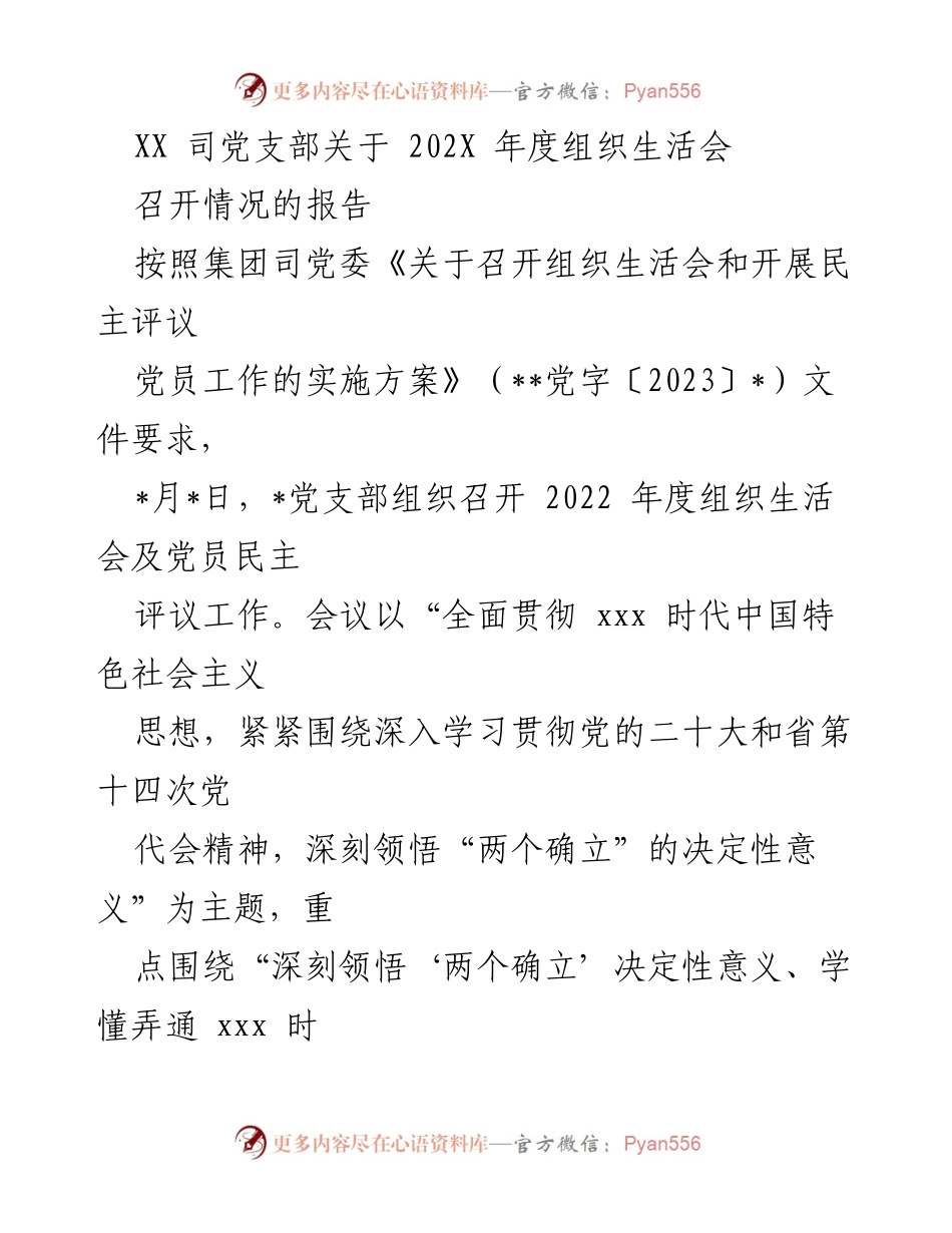 [工作总结] 党支部年度组织生活会 - XX司党支部2022年度组织生活会召开情况报告.docx_第1页