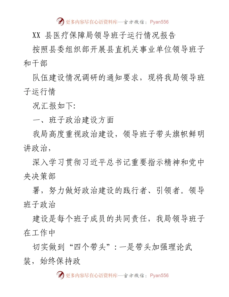 [工作总结] 医疗保障局 - XX 县医疗保障局领导班子运行情况总结报告.docx_第1页