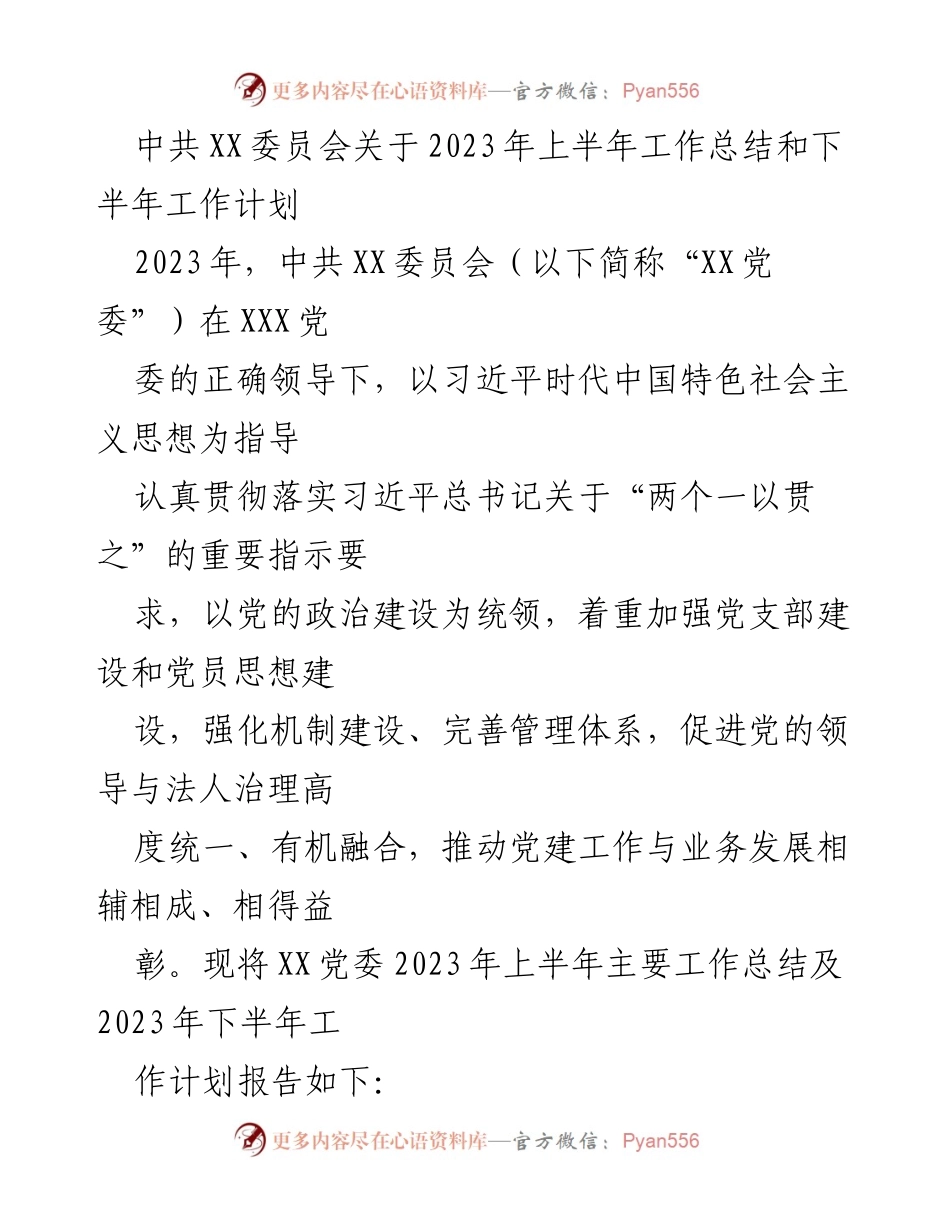 [工作总结] 党组织 - 中共XX委员会2023年上半年工作总结及下半年工作计划.docx_第1页