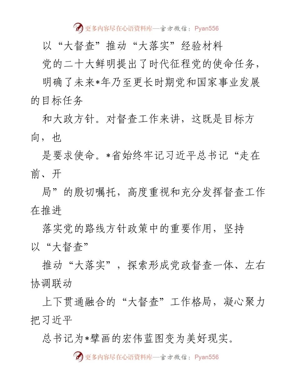 [工作总结] 党的二十大后落实督查工作 - 推动“大落实”的“大督查”经验总结.docx_第1页