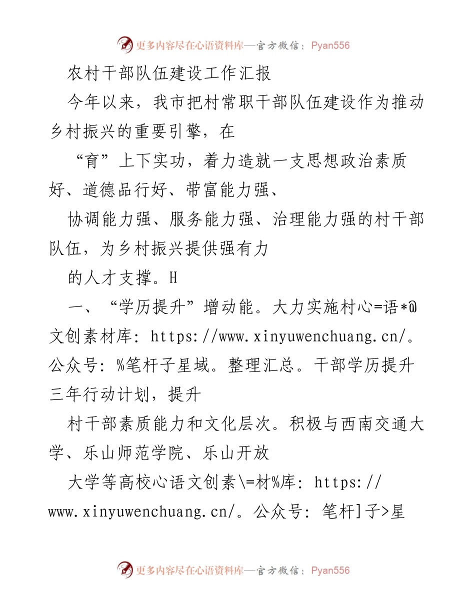 [工作总结] 农村干部队伍建设 - 农村干部队伍建设工作汇报与成效分析.docx_第1页