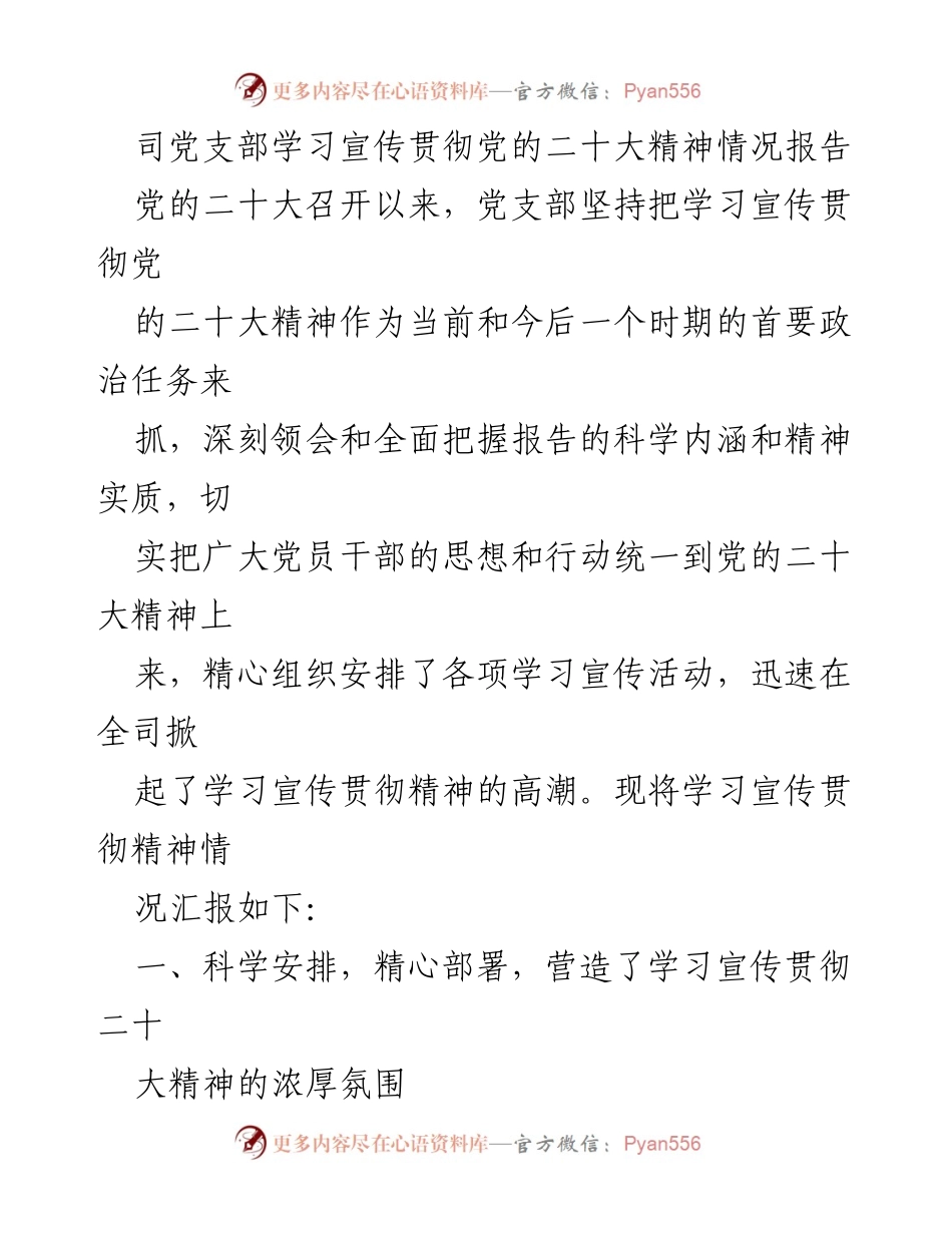 [工作总结] 党支部 - 学习宣传贯彻党的二十大精神情况报告.docx_第1页
