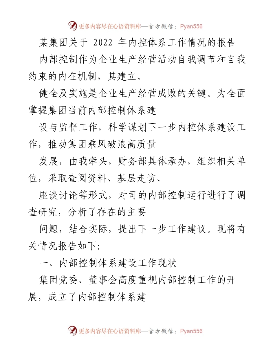 [工作总结] 内部控制体系建设 - 某集团2022年内部控制体系工作情况总结报告.docx_第1页