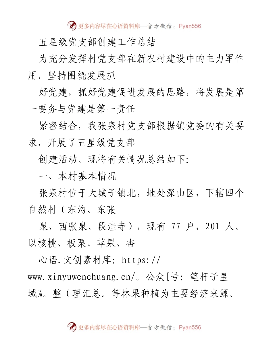 [工作总结] 党支部创建 - 张泉村五星级党支部创建工作总结.docx_第1页