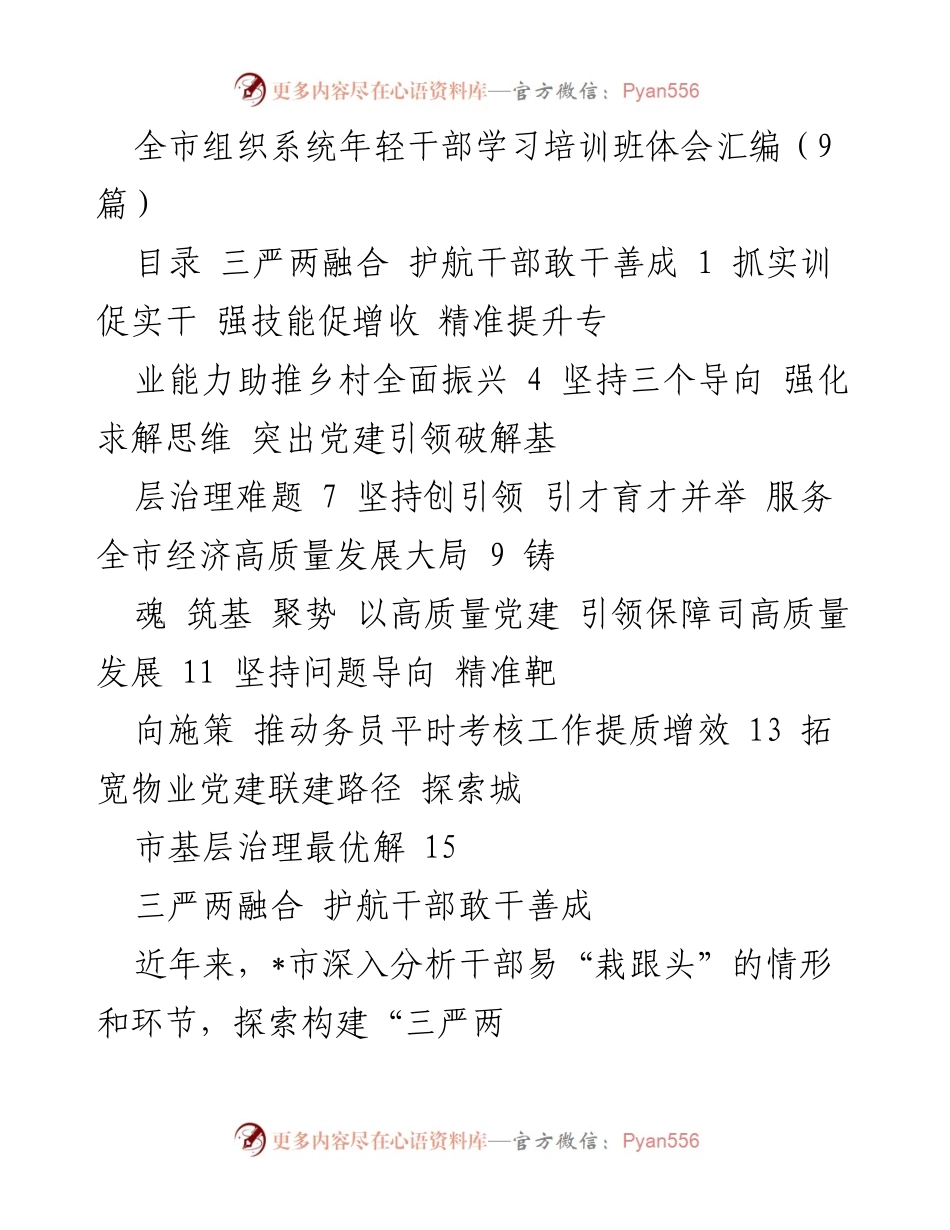 [工作总结] 全市组织系统年轻干部学习培训班 - 年轻干部培训班体会与干部监管体系探索.docx_第1页