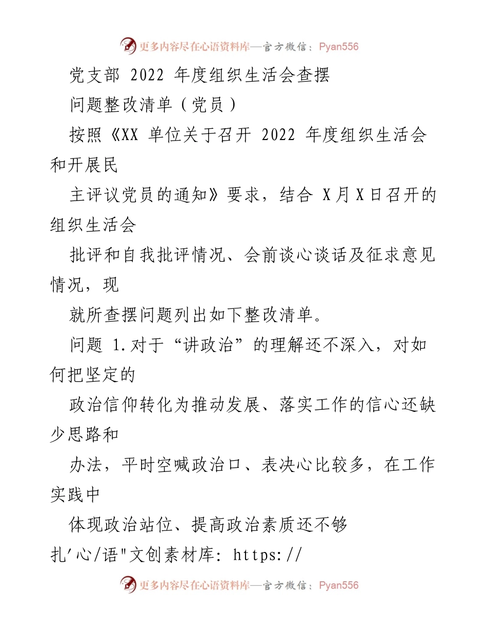 [工作总结] 党支部年度组织生活会 - 2022年度党员问题整改清单.docx_第1页
