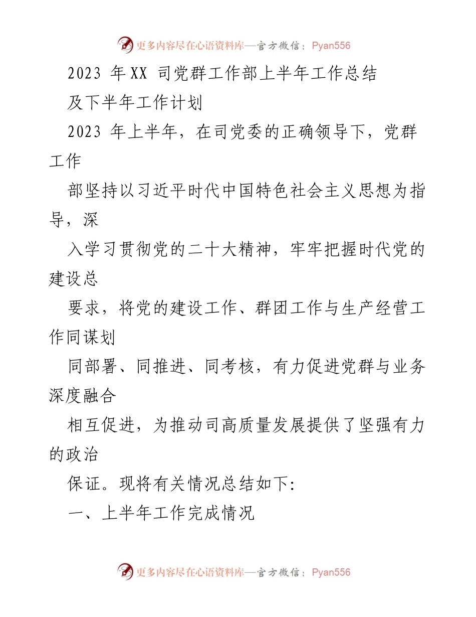 [工作总结] 党群工作 - 2023年上半年党群工作总结及下半年工作计划.docx_第1页