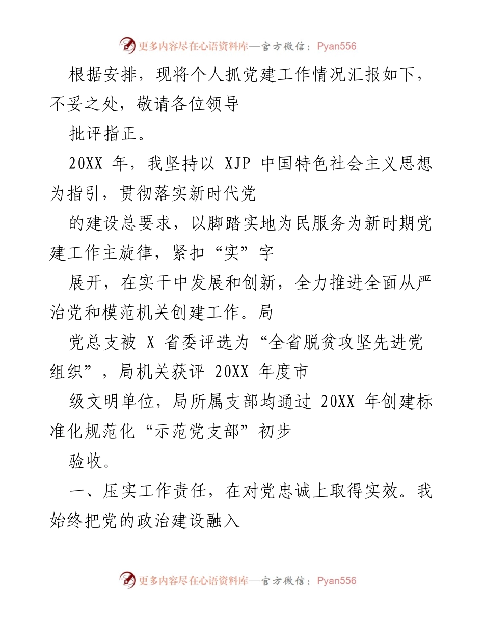 [工作总结] 党建工作汇报 - 个人党建工作情况汇报及成效总结.docx_第1页