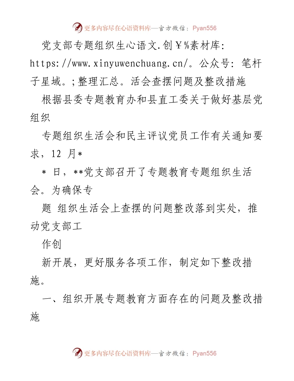 [工作总结] 党支部专题组织生活会 - 党支部问题查摆与整改措施总结_1.docx_第1页