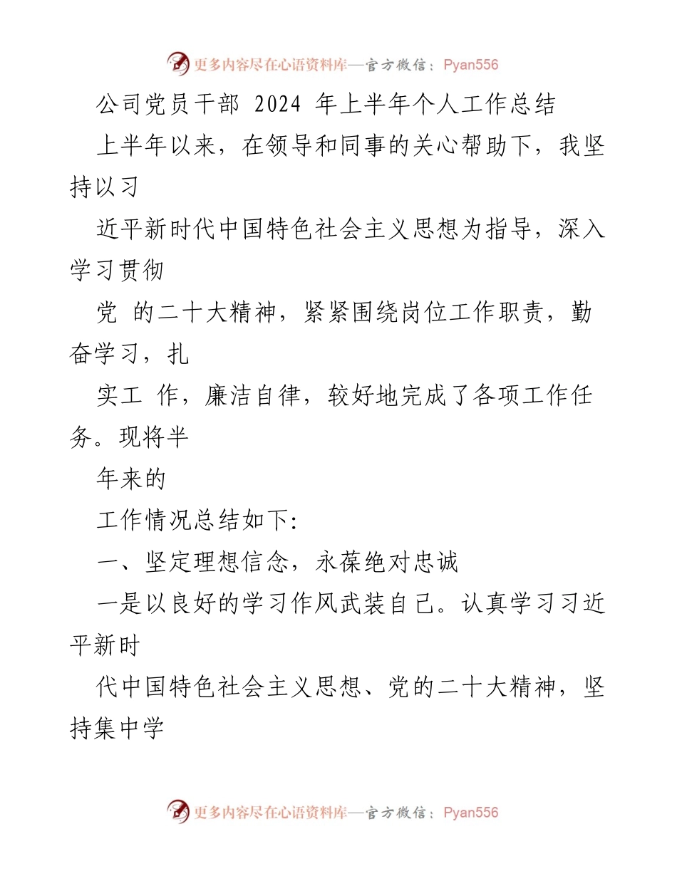 [工作总结] 公司党员干部 - 2024年上半年个人工作总结与履职情况分析_1.docx_第1页