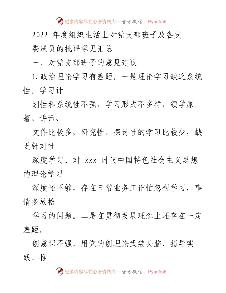 [工作总结] 党支部年度组织生活 - 2022年度党支部班子及成员批评意见汇总.docx_第1页